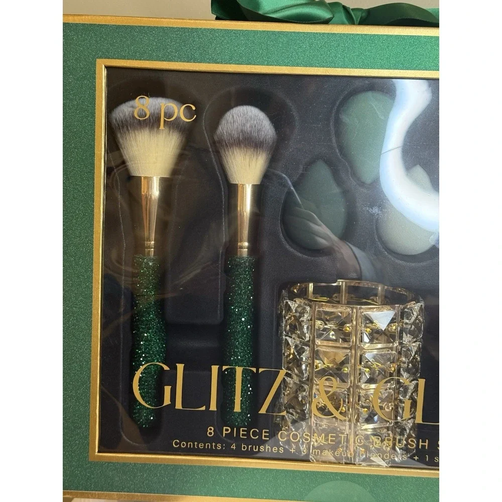 NEW Glitz & Glam Makeup Brush Set 8 Piece Cosmetic Brush Set‎ Green Rhinestone